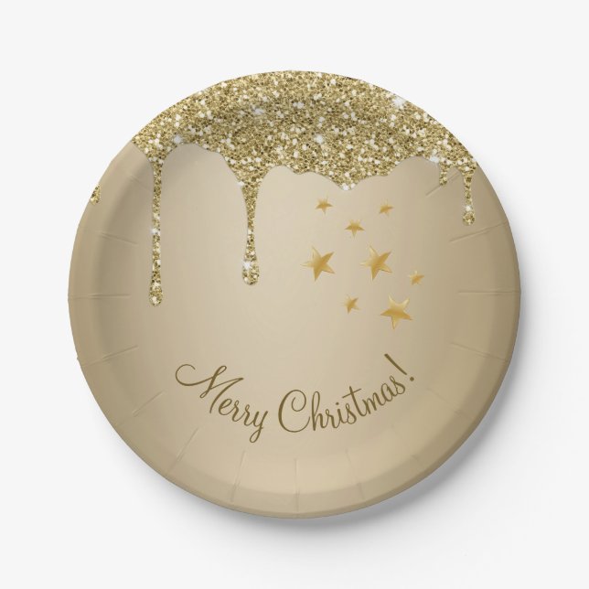 Merry Christmas Stars Melting Gold Glitter Paper Plates (Front)