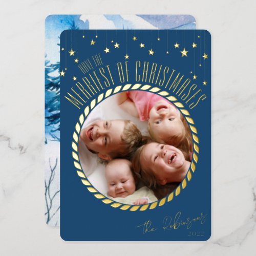 Merry Christmas Stars  Photo  Signature Elegant  Foil Holiday Card