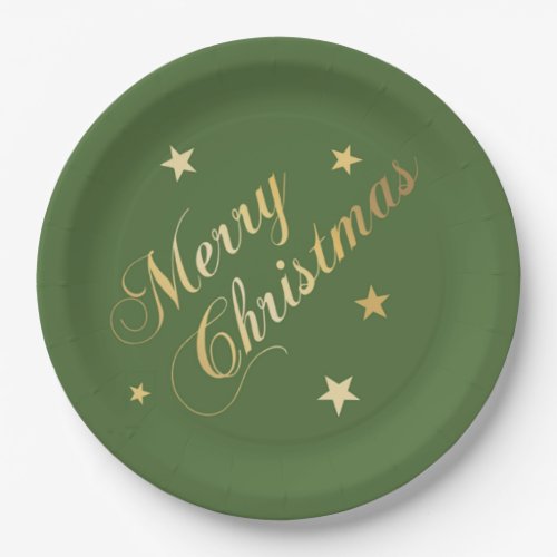 Merry Christmas Stars Sage Green Paper Plates