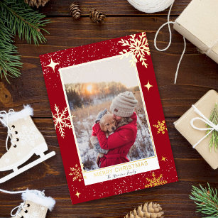 Merry Christmas stars snow red photo  Foil Holiday Card