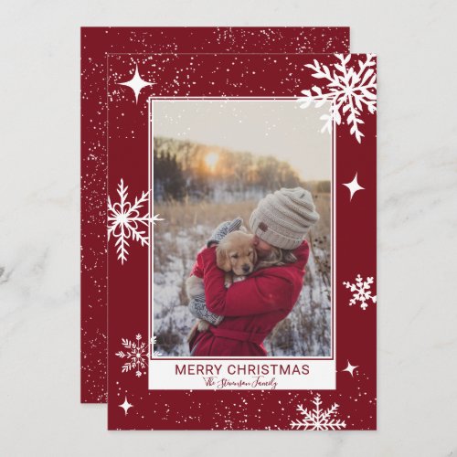 Merry Christmas stars snow red photo Holiday Card