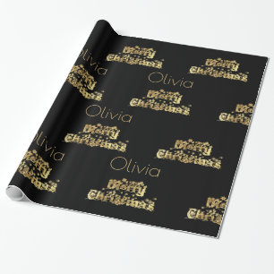 Merry Christmas Stars Typography Black Gold Chic Wrapping Paper