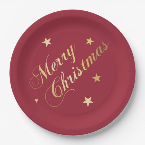 Merry Christmas Stars Wine Red Gold Napkins Paper Plates