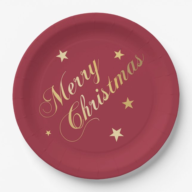 Merry Christmas Stars Wine Red Gold Napkins Paper Plates (Front)