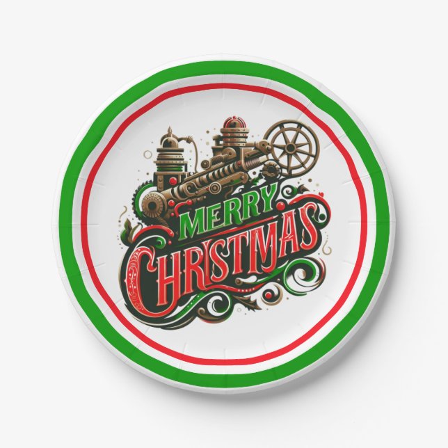 Merry Christmas steampunk Paper Plates (Front)