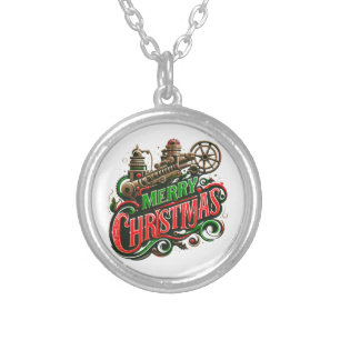 Merry Christmas steampunk Silver Plated Necklace