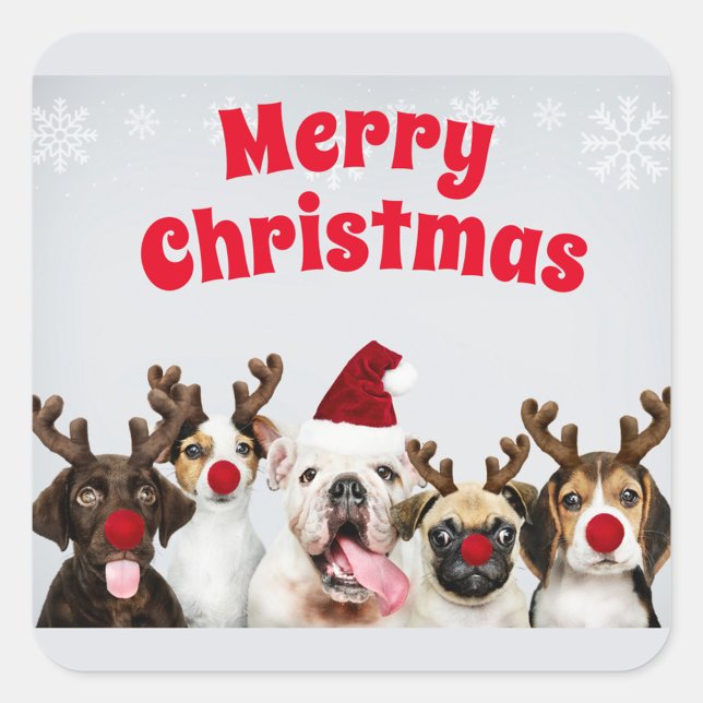 Merry Christmas Sticker (A playful scene featuring five adorable dogs dressed for Christmas.)