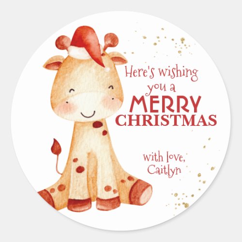 Merry Christmas Sticker Giraffe Santa Kids Xmas Classic Round Sticker