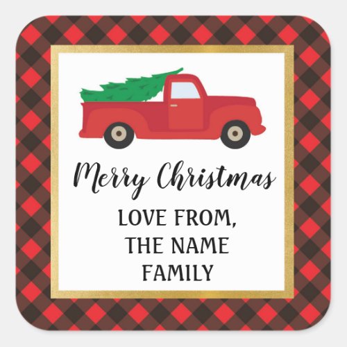Merry Christmas Sticker Labels Red Plaid Truck