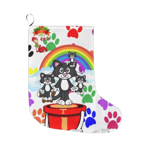 Merry Christmas Stocking Elf Cat Paws Rainbow Large Christmas Stocking