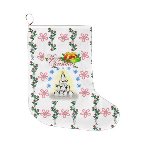 Merry Christmas Stocking Floral Penguin  Large Christmas Stocking