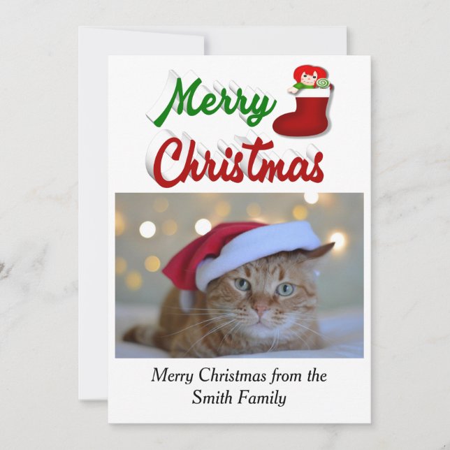 Merry Christmas Stocking photo red green script  Holiday Card (Front)