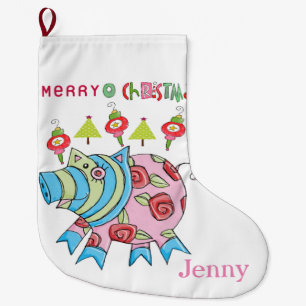 Merry Christmas Stocking, Pink Pig  Large Christmas Stocking