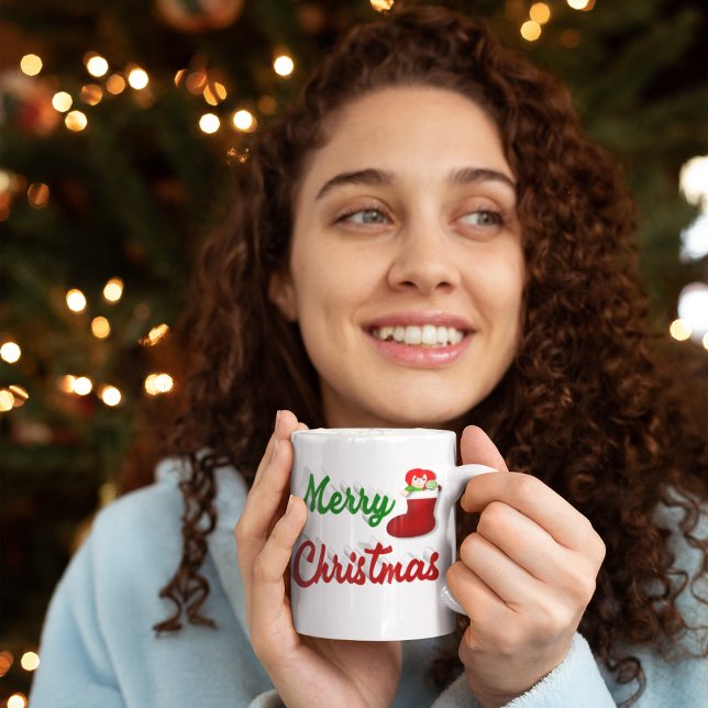 Merry Christmas Stocking red green half script Coffee Mug (Creator Uploaded)