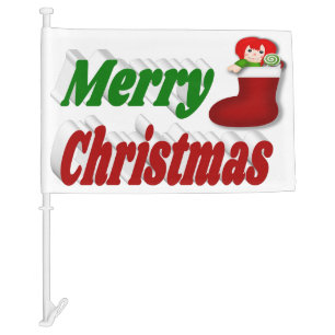 Merry Christmas Stocking red green typography Car Flag