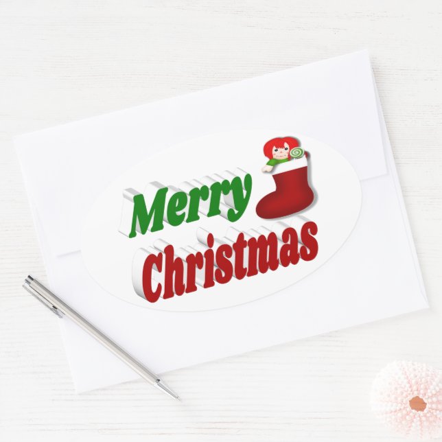 Merry Christmas Stocking red green typography Oval Sticker (Envelope)