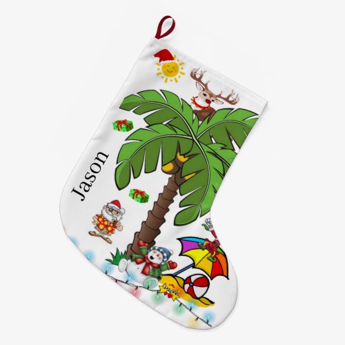 Merry Christmas Stocking, Santa Claus Beach Bum Large Christmas Stocking