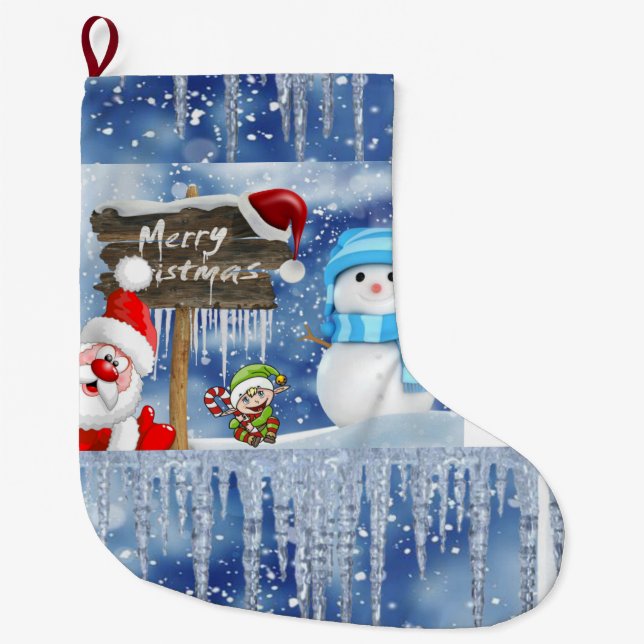 Merry Christmas Stocking, Snowman Santa Large Christmas Stocking (Front)