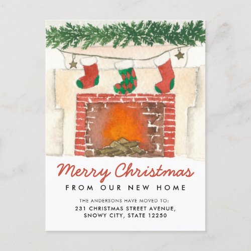 Merry Christmas Stockings Fireplace Holiday Moving Announcement Postcard