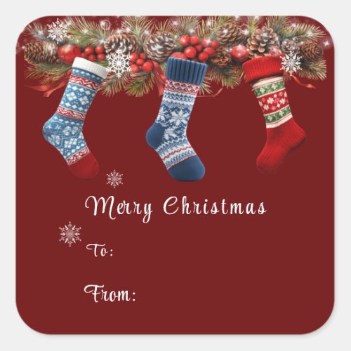 Merry Christmas Stockings Pine Cone Garland   Square Sticker