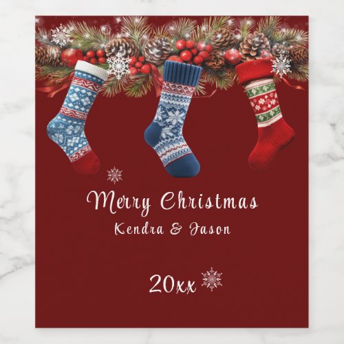 Merry Christmas Stockings Pine Garland Red  Bows Wine Label