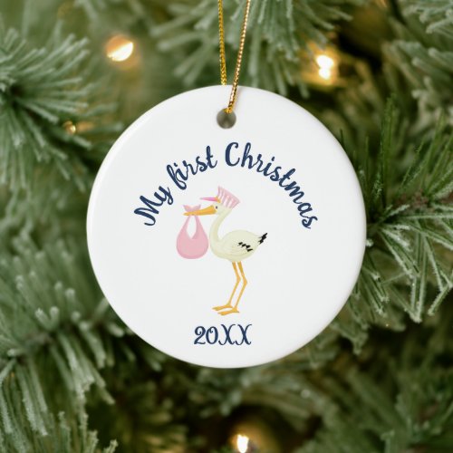 Merry Christmas Stork Ceramic Ornament