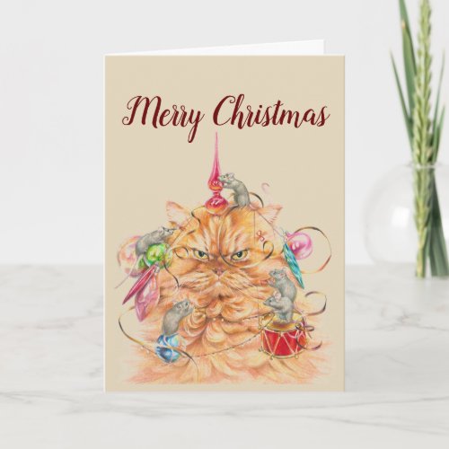 Merry Christmas Stress Free Fun Cat  Mouse Animal Holiday Card