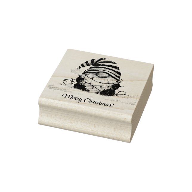 Merry Christmas Striped Hat Gnome Christmas Lights Rubber Stamp (Stamp)