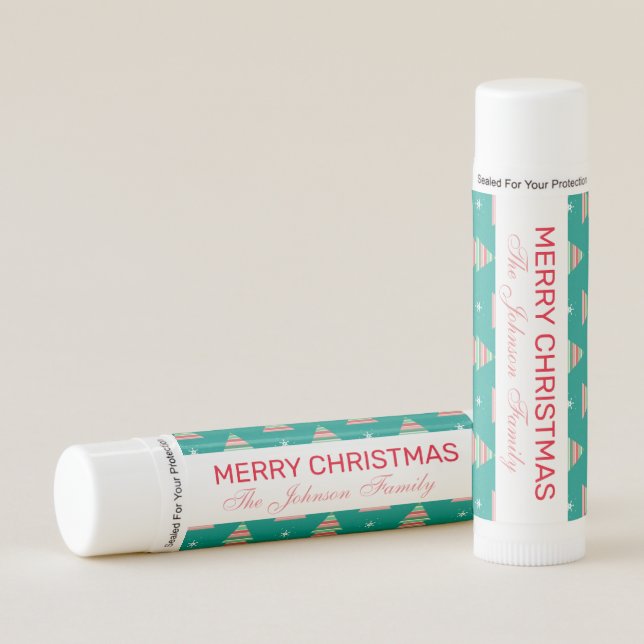 Merry Christmas Striped Trees Stocking Stuffer Lip Balm (Front)