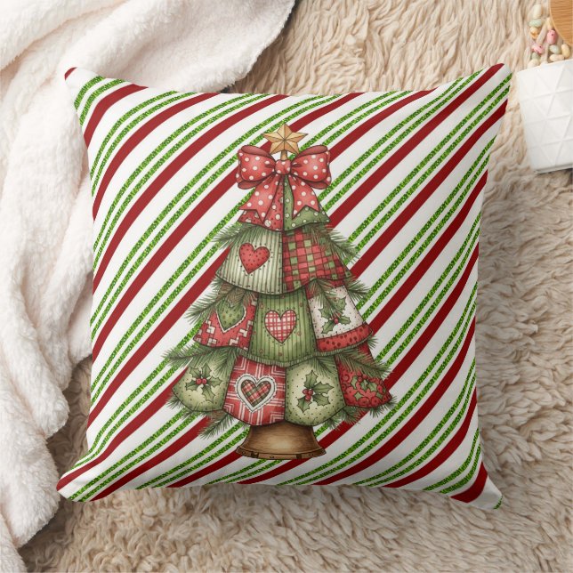 Merry Christmas Striped With Tree Throw Pillow (Blanket)