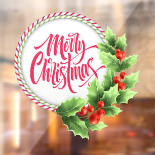 Merry Christmas Striped Wreath Holly Berries Window Cling