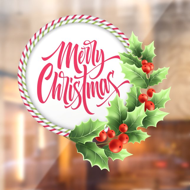 Merry Christmas Striped Wreath Holly Berries Window Cling (Sheet 2)