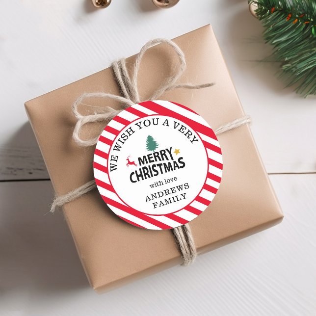 "Merry Christmas" Stripes-Deer Tree Star Classic Round Sticker (Creator Uploaded)