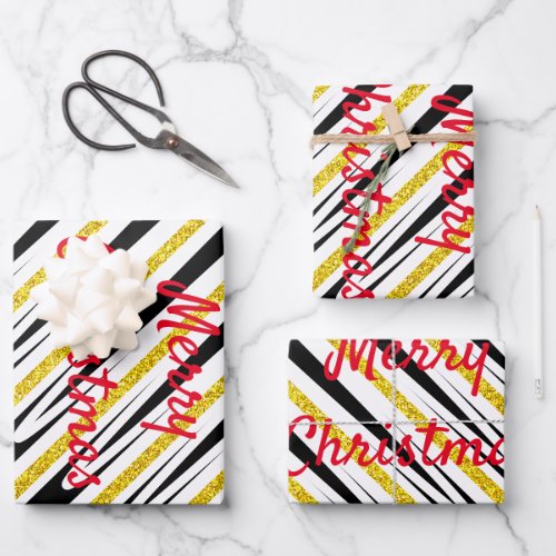 Merry Christmas Stripes Pattern Gold Glitter Artsy Wrapping Paper Sheets