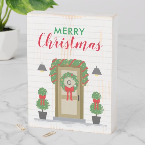 Merry Christmas Stylish Home Red Green Monogram Wooden Box Sign