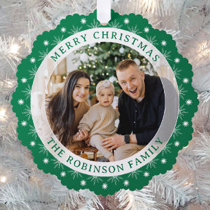 Merry Christmas Stylish Modern Elegant Photo Green Ornament Card