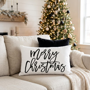 Merry Christmas Stylish Script Black and White Lumbar Pillow