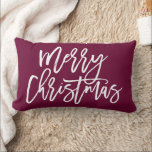 Merry Christmas Stylish Script | Burgundy Lumbar Pillow<br><div class="desc">Custom holiday throw pillow with chic hand-lettered script typography on a burgundy background. Use the design tools to choose any background color, or add your own text and photos to create a one of a kind Christmas pillow. Our personalized pillows make a great gift or the perfect touch for your...</div>
