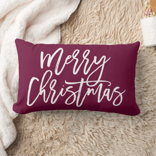 Merry Christmas Stylish Script | Burgundy Lumbar Pillow (Blanket)