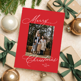 Merry Christmas stylish script red photo Holiday Card