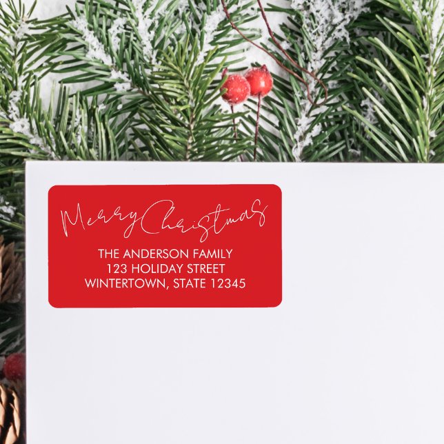 Merry Christmas Stylish Script Red Return Address Label (Creator Uploaded)