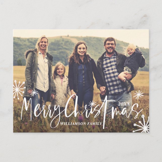 Merry Christmas | Stylish Script & Sparklers Photo Holiday Postcard (Front)