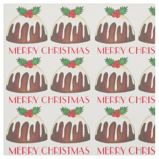 Merry Christmas Sugar Plum Pudding Holly Leaves Fabric