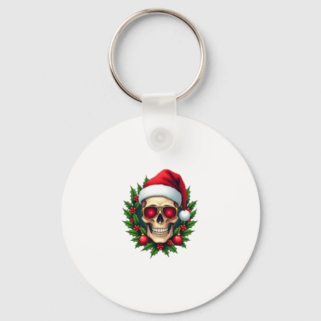 Merry Christmas Sugar Skull Santa Hat Family Xmas  Keychain (Front)