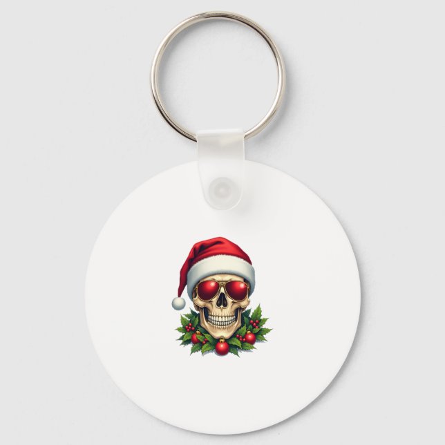 Merry Christmas Sugar Skull Santa Hat Family Xmas  Keychain (Front)