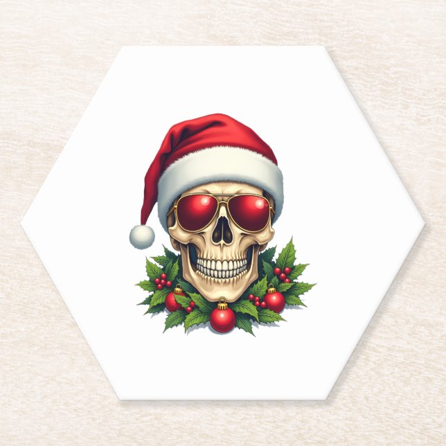 Merry Christmas Sugar Skull Santa Hat Family Xmas  Paper Coaster (Front)