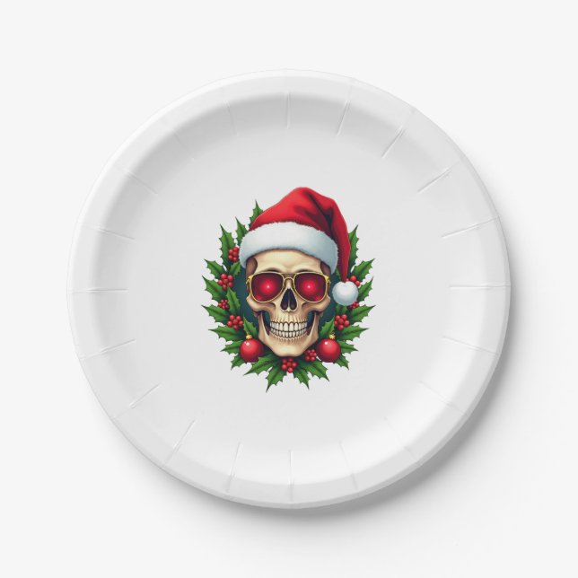 Merry Christmas Sugar Skull Santa Hat Family Xmas  Paper Plates (Front)