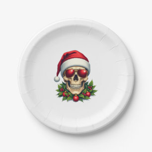 Merry Christmas Sugar Skull Santa Hat Family Xmas Paper Plates
