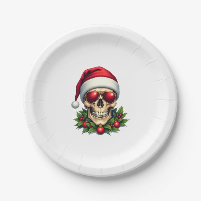 Merry Christmas Sugar Skull Santa Hat Family Xmas  Paper Plates (Front)