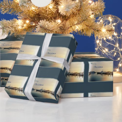 Merry Christmas _ Sunrise At The Harbor _ Boats Wrapping Paper